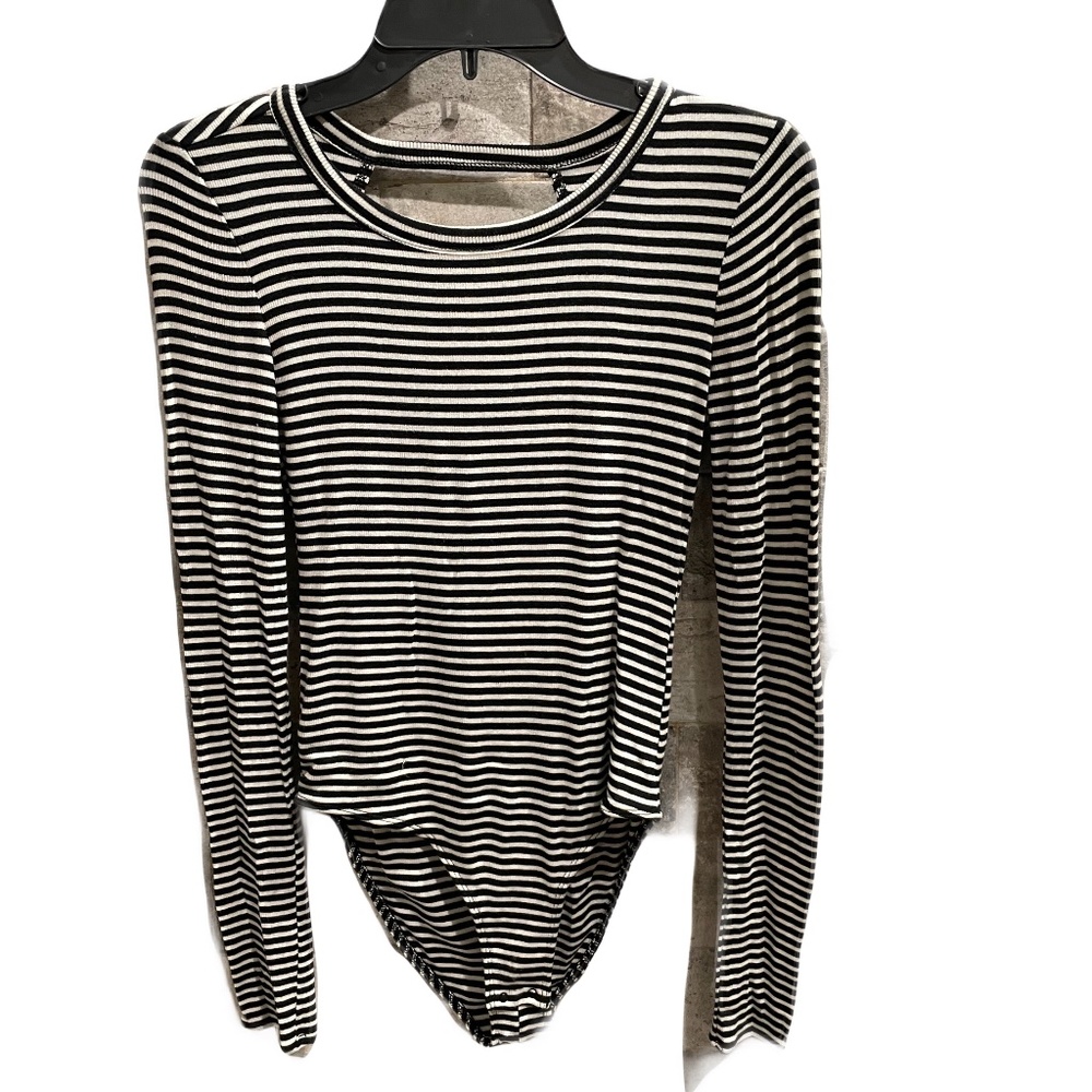 ❤️ GAP WHITE & BLACK RIBBED LONG SLEEVE BODYSUIT TOP SIZE XS